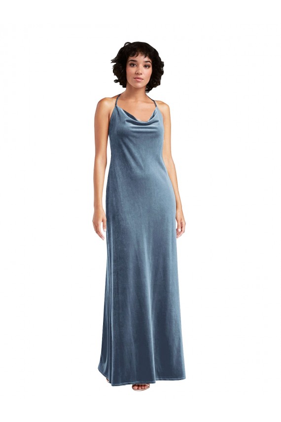 Online Azul polvoriento Cubierta Terciopelo Elástico Largo Vestidos de dama de honor / Vestidos de fiesta