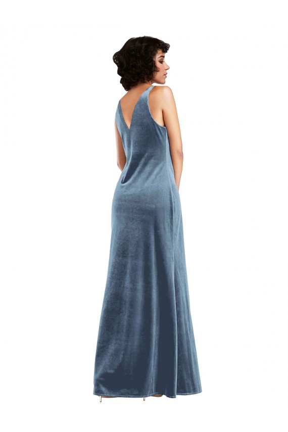 Online Azul polvoriento Cubierta Terciopelo Elástico Largo Vestidos de dama de honor / Vestidos de fiesta