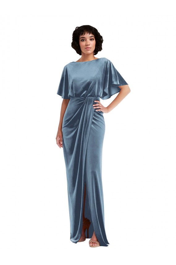 Online Azul polvoriento Cubierta Terciopelo Elástico Largo Vestidos de dama de honor / Vestidos de fiesta
