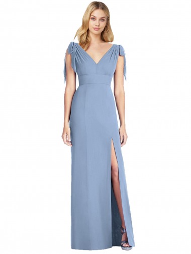 Online Azul polvoriento Sirena Cuello en V Gasa Largo Vestidos de dama de honor
