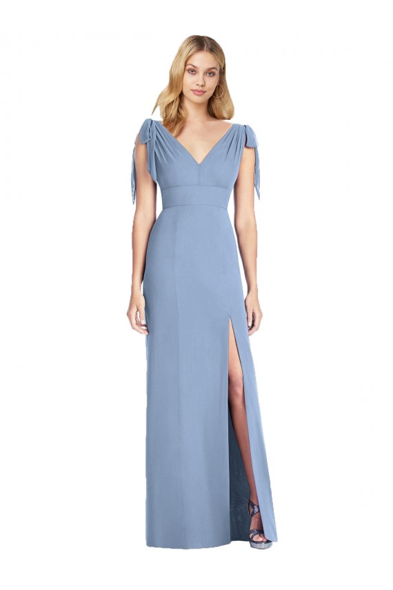 Online Azul polvoriento Sirena Cuello en V Gasa Largo Vestidos de dama de honor
