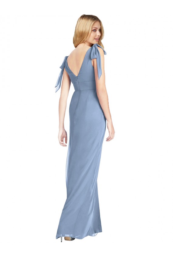 Online Azul polvoriento Sirena Cuello en V Gasa Largo Vestidos de dama de honor