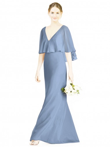 Online Azul polvoriento Trompeta Cuello en V Gasa Largo Vestidos de dama de honor