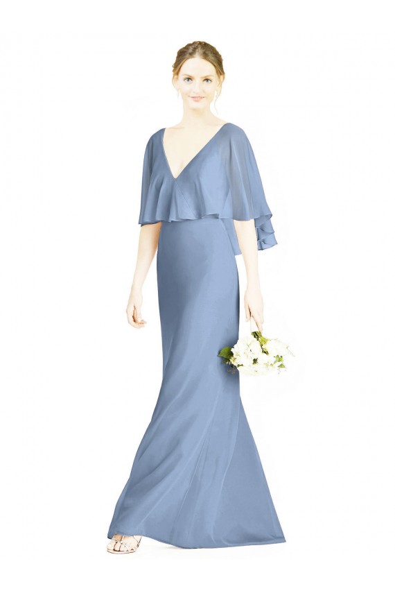 Online Azul polvoriento Trompeta Cuello en V Gasa Largo Vestidos de dama de honor