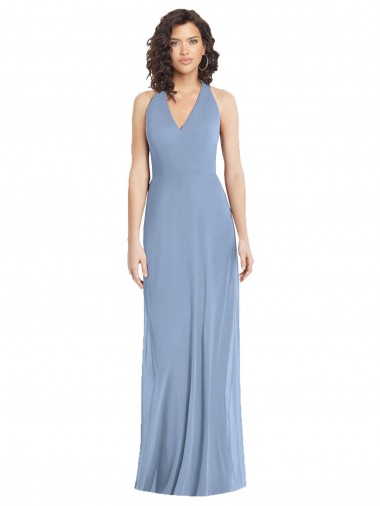 Online Azul polvoriento Trompeta Halter Cuello en V Gasa Largo Formales Vestidos de dama de honor / Vestidos de noche