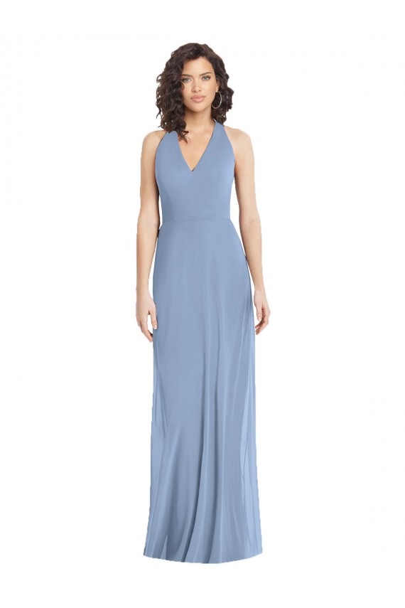 Online Azul polvoriento Trompeta Halter Cuello en V Gasa Largo Formales Vestidos de dama de honor / Vestidos de noche