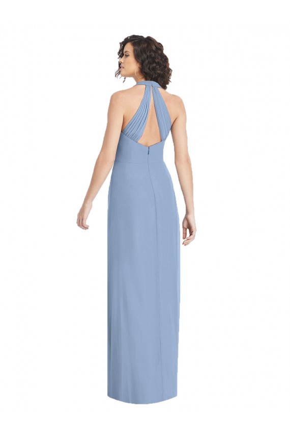 Online Azul polvoriento Trompeta Halter Cuello en V Gasa Largo Formales Vestidos de dama de honor / Vestidos de noche
