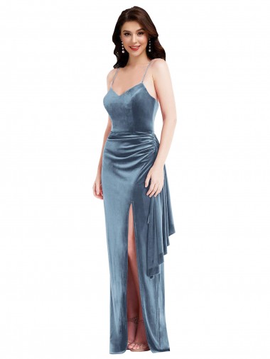 Online Azul polvoriento Trompeta Tirantes espagueti Terciopelo Elástico Largo Formales Vestidos de dama de honor / Vestidos de fiesta