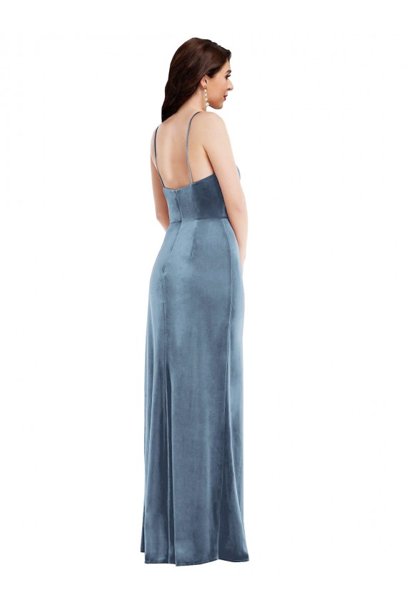 Online Azul polvoriento Trompeta Tirantes espagueti Terciopelo Elástico Largo Formales Vestidos de dama de honor / Vestidos de fiesta