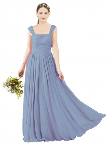 Online Azul polvoriento línea A Cuadrado Gasa Largo Vestidos de dama de honor