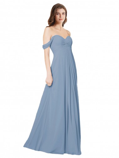 Online Azul polvoriento línea A Cuello de Corazón Gasa Largo Vestidos de dama de honor