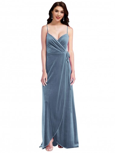 Online Azul polvoriento línea A Cuello de Corazón Terciopelo Elástico Largo Vestidos de dama de honor / Vestidos de fiesta