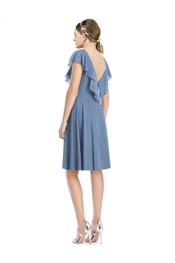 Online Azul polvoriento línea A Cuello en V Cóctel Gasa Corto Vestidos de dama de honor