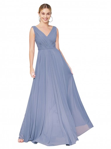 Online Azul polvoriento línea A Cuello en V Cuello Alto Gasa Largo Formales Vestidos de dama de honor / Vestidos de fiesta