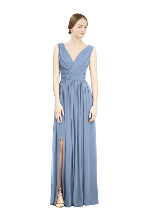 Online Azul polvoriento línea A Cuello en V Gasa Largo Vestidos de dama de honor