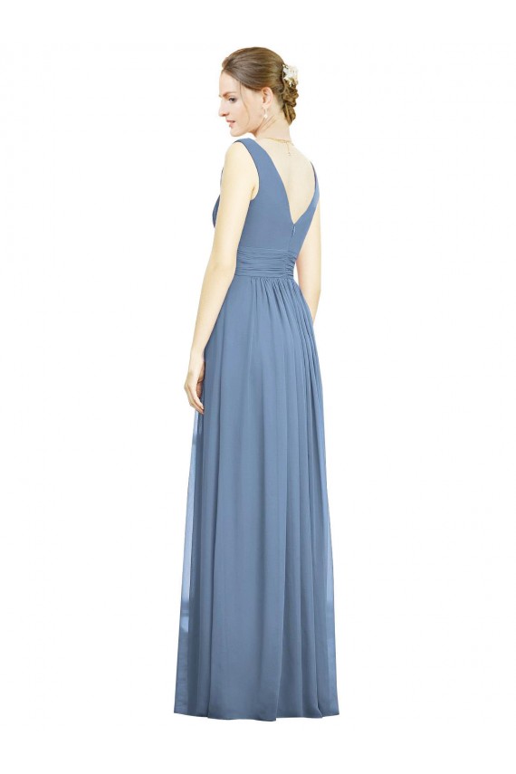 Online Azul polvoriento línea A Cuello en V Gasa Largo Vestidos de dama de honor