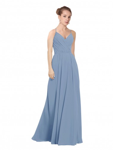 Online Azul polvoriento línea A Cuello en V Gasa Largo Vestidos de dama de honor