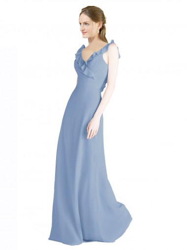 Online Azul polvoriento línea A Cuello en V Gasa Largo Vestidos de dama de honor