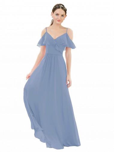 Online Azul polvoriento línea A Cuello en V Gasa Largo Vestidos de dama de honor