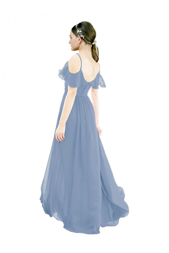Online Azul polvoriento línea A Cuello en V Gasa Largo Vestidos de dama de honor