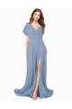 Online Azul polvoriento línea A Cuello en V Gasa Largo Vestidos de dama de honor / Vestidos de fiesta