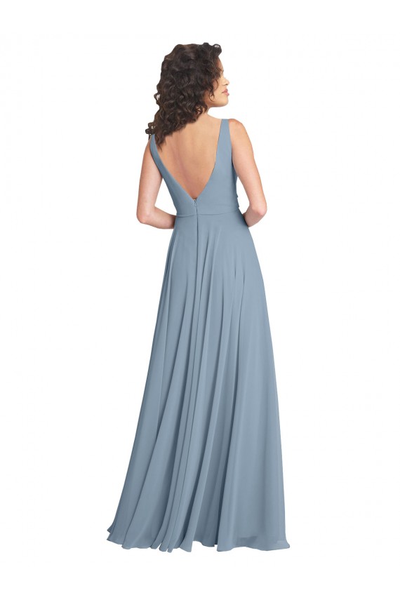Online Azul polvoriento línea A Cuello en V Gasa Largo Vestidos de dama de honor
