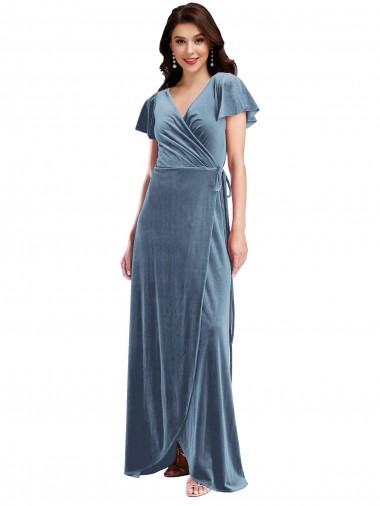Online Azul polvoriento línea A Cuello en V Terciopelo Elástico Largo Vestidos de dama de honor / Vestidos de fiesta