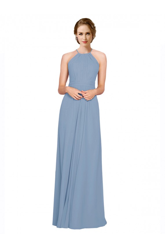 Online Azul polvoriento línea A Halter Cuello Alto Gasa Largo Vestidos de dama de honor