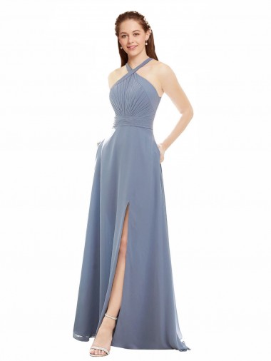 Online Azul polvoriento línea A Halter Cuello Alto Gasa Largo Vestidos de dama de honor