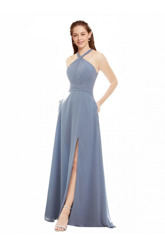 Online Azul polvoriento línea A Halter Cuello Alto Gasa Largo Vestidos de dama de honor