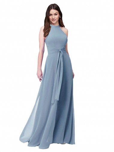 Online Azul polvoriento línea A Halter Cuello Alto Gasa Largo Vestidos de dama de honor