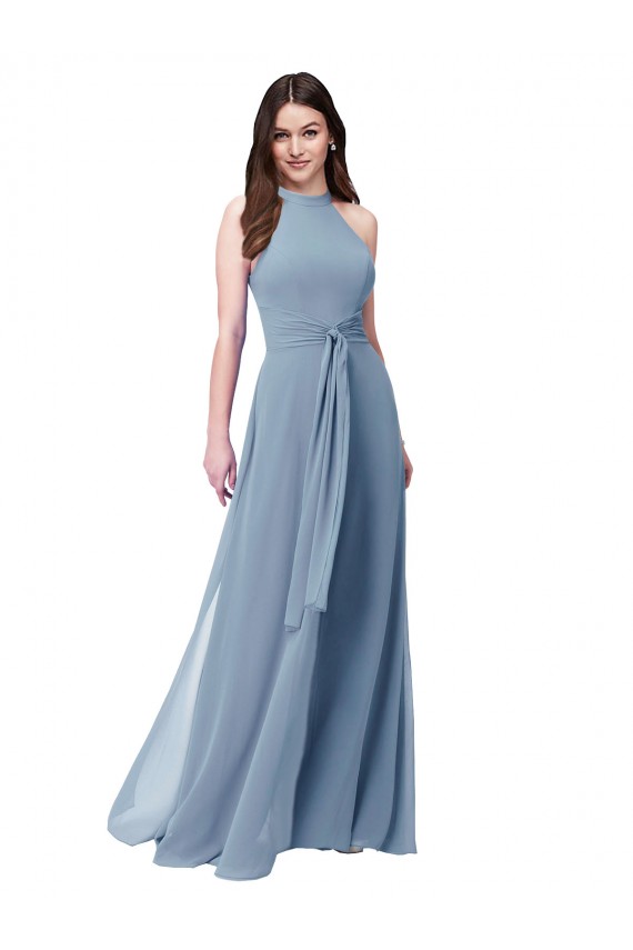 Online Azul polvoriento línea A Halter Cuello Alto Gasa Largo Vestidos de dama de honor