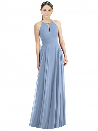 Online Azul polvoriento línea A Halter Gasa Largo Vestidos de dama de honor