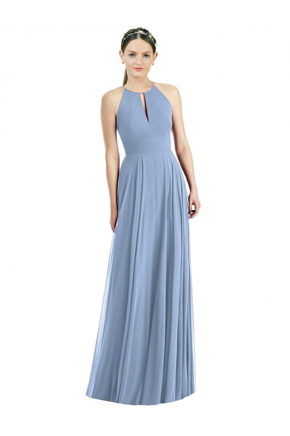 Online Azul polvoriento línea A Halter Gasa Largo Vestidos de dama de honor