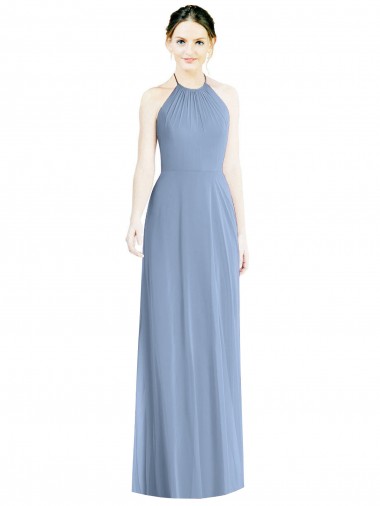 Online Azul polvoriento línea A Halter Gasa Largo Vestidos de dama de honor