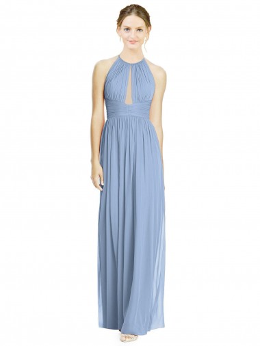 Online Azul polvoriento línea A Halter Gasa Largo Vestidos de dama de honor