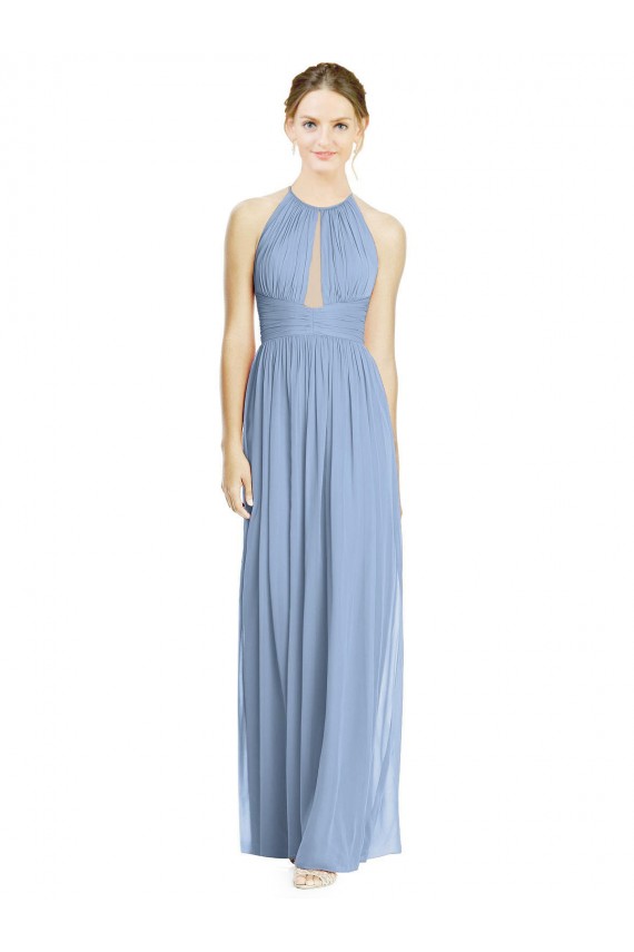 Online Azul polvoriento línea A Halter Gasa Largo Vestidos de dama de honor