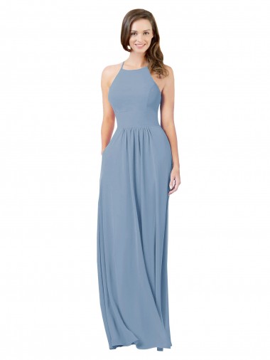 Online Azul polvoriento línea A Halter Gasa Largo Vestidos de dama de honor