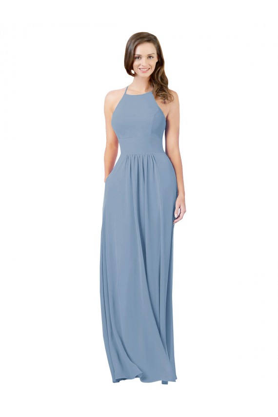 Online Azul polvoriento línea A Halter Gasa Largo Vestidos de dama de honor