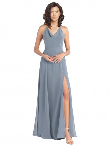 Online Azul polvoriento línea A Halter Gasa Largo Vestidos de dama de honor