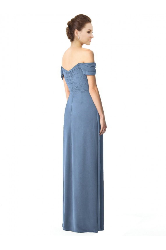 Online Azul polvoriento línea A Hombros Descubiertos Gasa Largo Vestidos de dama de honor