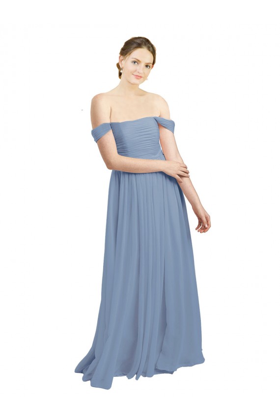 Online Azul polvoriento línea A Hombros Descubiertos Gasa Largo Vestidos de dama de honor