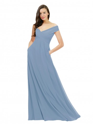 Online Azul polvoriento línea A Hombros Descubiertos Gasa Largo Vestidos de dama de honor