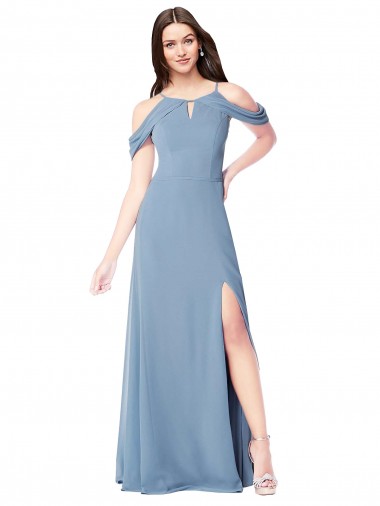Online Azul polvoriento línea A Hombros Descubiertos Gasa Largo Vestidos de dama de honor
