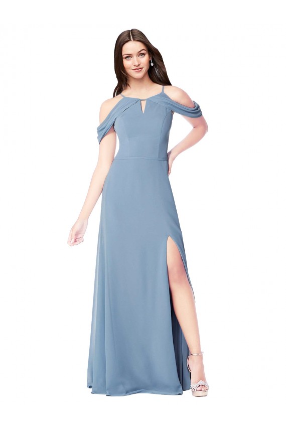 Online Azul polvoriento línea A Hombros Descubiertos Gasa Largo Vestidos de dama de honor