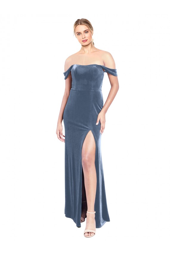 Online Azul polvoriento línea A Hombros Descubiertos Sin tirantes Terciopelo Elástico Largo Vestidos de dama de honor / Vestidos de fiesta