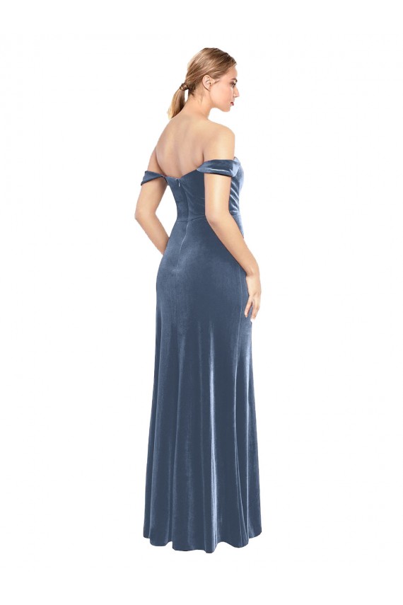 Online Azul polvoriento línea A Hombros Descubiertos Sin tirantes Terciopelo Elástico Largo Vestidos de dama de honor / Vestidos de fiesta