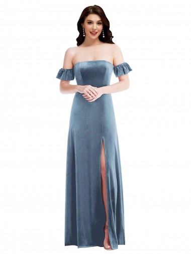 Online Azul polvoriento línea A Hombros Descubiertos Terciopelo Elástico Largo Vestidos de dama de honor / Vestidos de fiesta