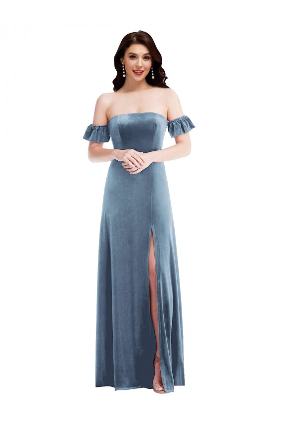 Online Azul polvoriento línea A Hombros Descubiertos Terciopelo Elástico Largo Vestidos de dama de honor / Vestidos de fiesta
