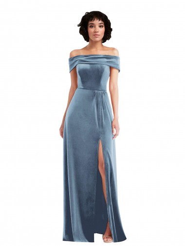 Online Azul polvoriento línea A Hombros Descubiertos Terciopelo Elástico Largo Vestidos de dama de honor / Vestidos de fiesta